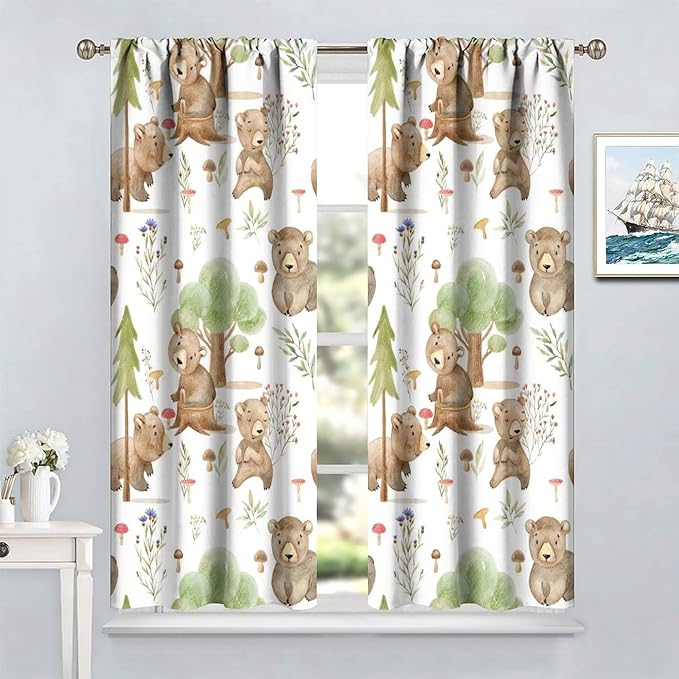 Forest Animal Curtains,Kids Home Bedroom Window Treatments, Cartoon Watercolor Bear Squirrel Woodland Animal Drapes 55x63in