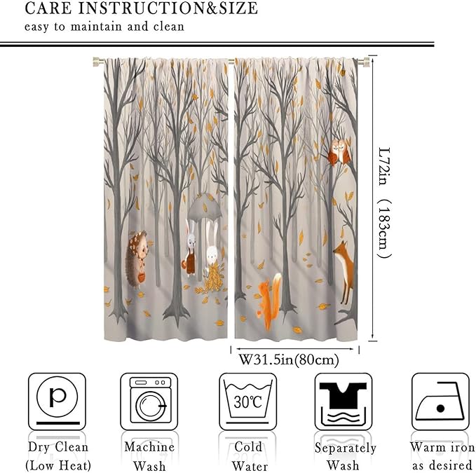Kids Woodland Animal Window Curtains, Autumn Forest Hedgehog Rabbits Squirrel Fox Birds Blackout Rod Pocket Window Treatments Drapes for Boys Girls Bedroom 63x72in