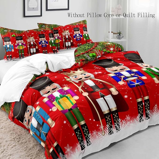 LUVIVIHOME 3PCS Christmas Nutcracker Duvet Cover Full Bedding Set, Teens Boys Girls Kids Bedding, Christmas Balls Snowflake Winter Holiday Festival Xmas Gifts Red Comforter Quilt Cover, 2 Pillow Shams