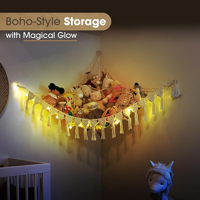 Extra Large Stuffed Animal Storage Hammock Corner with LED Lights – 25LB Capacity Hanging Toy Net for Small or Large Plushies, Boho Macrame Squishmallow, Plush Net, Purple