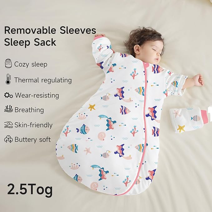 Baby Sleep Sack with Removable Sleeves, Breathable Wearable Blanket for Newborn & Toddler 6-36 Months, Cute Print