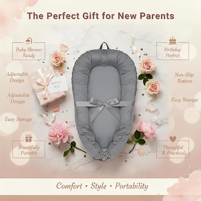 Baby Lounger – Infant Lounger for Newborn 0–24 Months, Baby Nest Lounger, Portable Newborn Lounger, Soft Breathable Cotton, Essentials for Babies at Home and Travel, Grey Solid