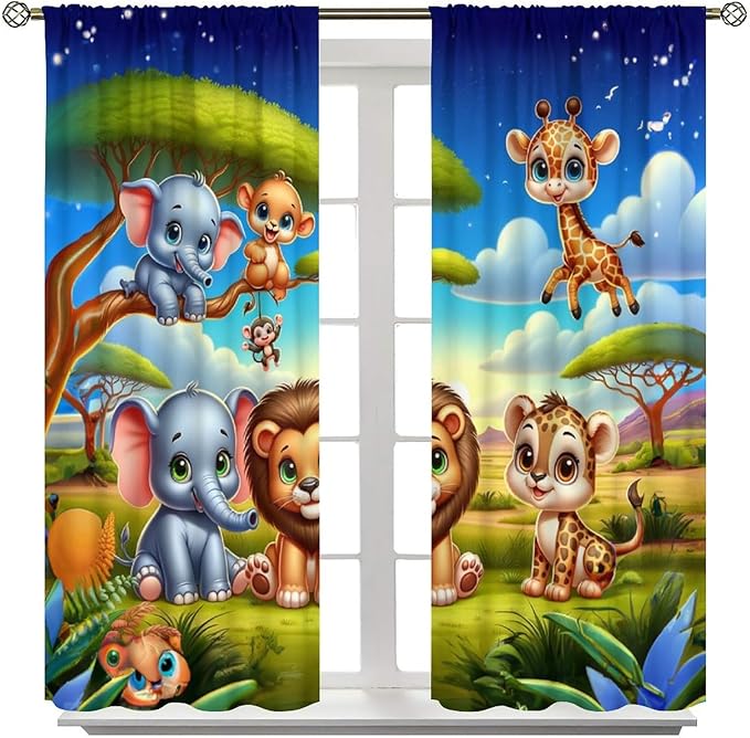 Jungle Safari Window Curtains for Kids Boys Girls Watercolor Cartoon Forest Animals Baby Living Room Bedroom Nursery Toddler Rod Pocket Drapes 55" W X 63" L