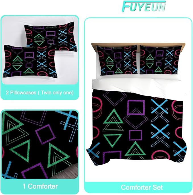 Game Comforter Set Twin Size Geometric Bedding for Kids Boys Men Black Abstract Bedroom Decor Quilt Bed Sets, 1 Comforter 1 Pillowcase