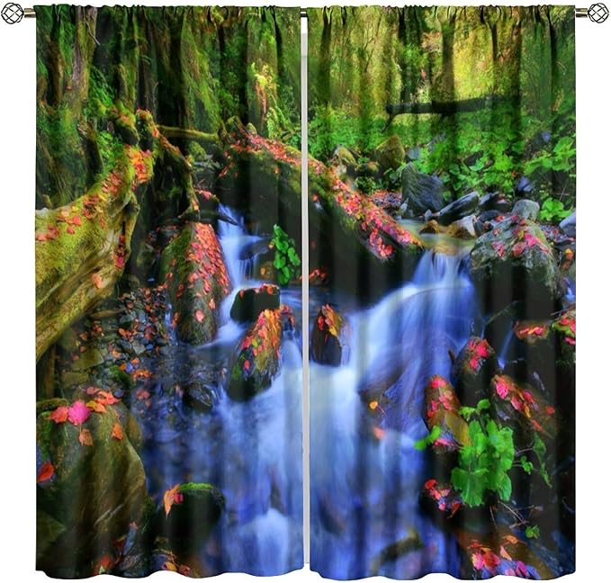 Forest Landscape Blackout Curtains, Natural River Rainforest Waterfalls Plant Print Pattern Window Drapes, for Bedroom Living Room 72" W X 63" L