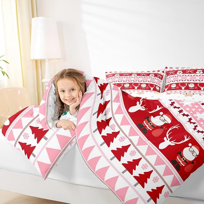 Feelyou Merry Christmas Tree Kids Comforter Set King Size Cute Snowman Bedding Set Santa Claus Duvet Quilt for Kids Boys Girls Bedroom Cartoon Bowknot Decor Microfiber Ultra Soft Breathable