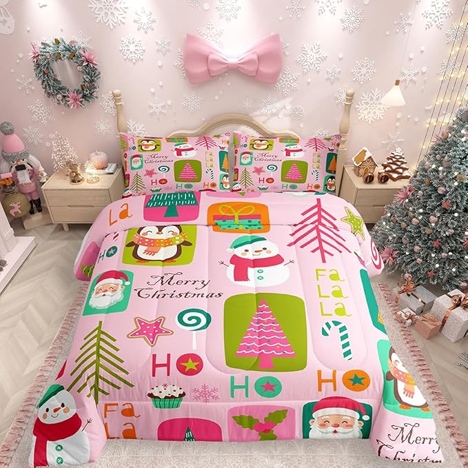 Erosebridal Christmas Kids Comforter Set Toddler Size Cartoon Santa Claus Quilts Boys Girls Room Decor Merry Xmas Penguin Bedding Set Christmas Tree Snowman Down Comforter,Pink