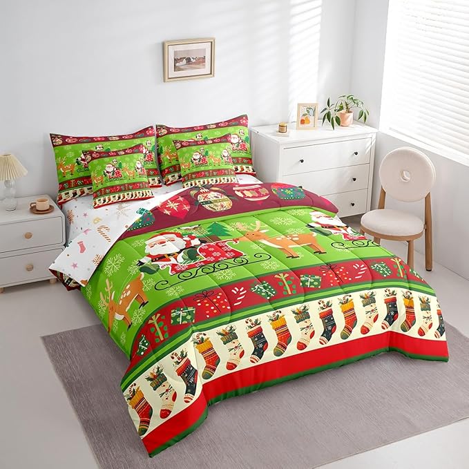 Feelyou Christmas Santa Claus Deer Bedding Set Cartoon Stockings Bedding Set for Kids Boys Girls Teens Decor Christmas Snowflake Bed in a Bag Kawaii Bed Set 7Pcs King Size
