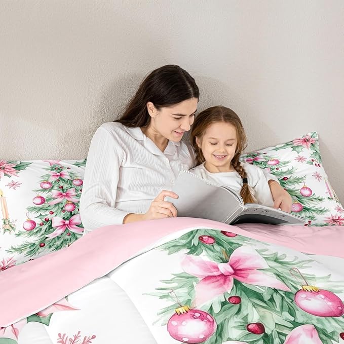 Feelyou Pink Christmas Comforter Set King Size Xmas Tree Bedding Set for Kids Boys Girls Xmas Ornaments Duvet Quilt Snowflake Bow Bedroom Decor Microfiber 3 Pcs with 2 Pillow Cases