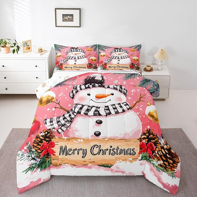 Feelyou Merry Christmas Kids Comforter Set Toddler Size Cute Snowman Bedding Set Snowflake Duvet Quilt for Kids Boys Girls Bedroom Winter Decor Microfiber Ultra Soft Breathable