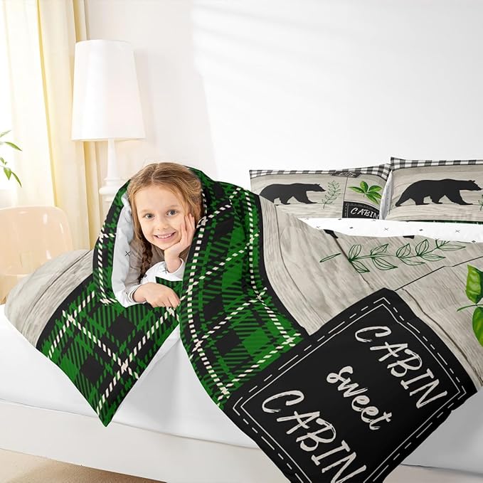Bear Silhouette Kids Comforter Set Twin Size,Leaves Wooden Plank Bedding,Girls Boys Adults Bedroom/Xmas Cabin Decor,Geometric Grids Retro Down Comforter,Rustic Farmhouse Duvet Insert,1 Pillowcase