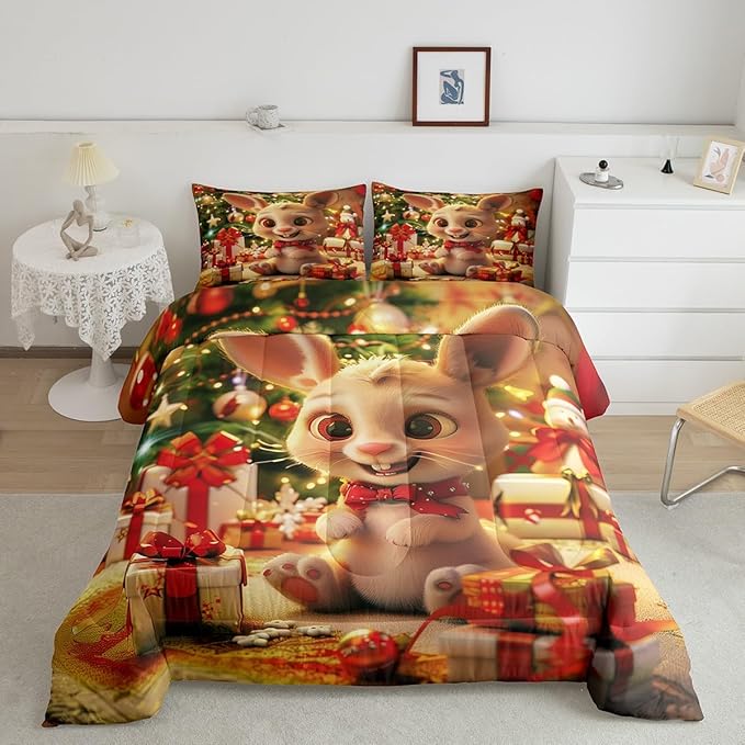 Cartoon Rabbit Bedding Set Full Size,Merry Christmas Comforter Set for Kids Boys Girls Room Decor,Christmas Tree Star Snowflake Duvet Insert 3Pcs,Cute Animal Xmas Fashion Quilt Set,2 Pillowcases