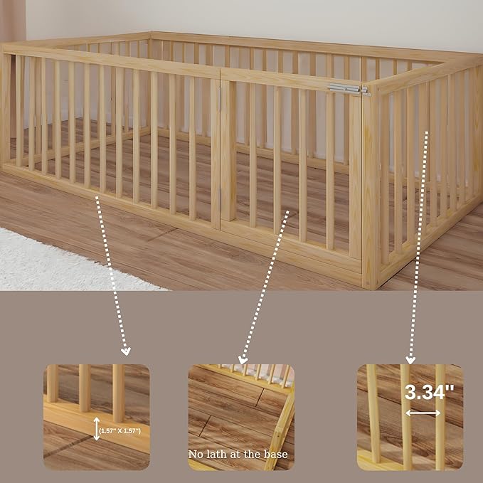 Montessori Floor Bed with Door On The Right Side for Toddler | Pine Wood Natural Solid Frame Beds | Sturdy Modern Design Floor Bed Frame for Boy and Girls (King, Height: 23.6 Inches)