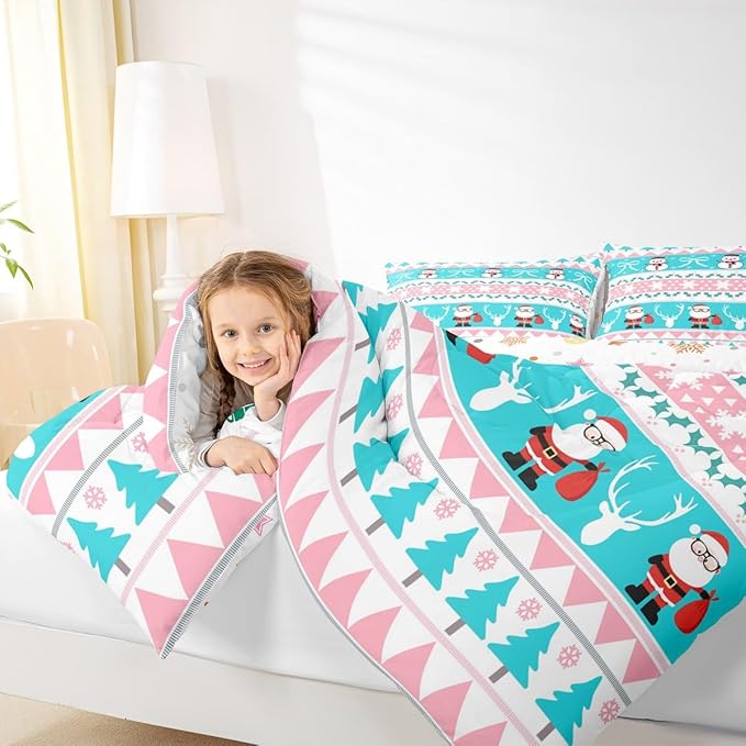 Feelyou Merry Christmas Tree Bedding Set Soft for Boys Girls, Cute Snowman Comforter Set Toddler Size Santa Claus Duvet Quilt Microfiber Cartoon Bowknot Bedroom Decor 2 Pcs with 1 Pillow Cases