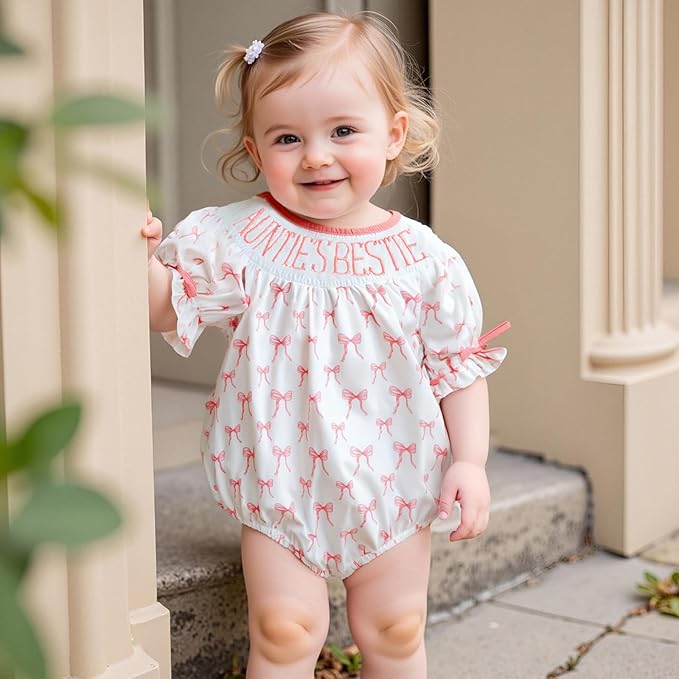 Newborn Baby Girl Romper Mamas Mini Bow Plaid Print Puff Sleeve Smocked Bubble Romper Jumpsuit Bodysuit Clothes