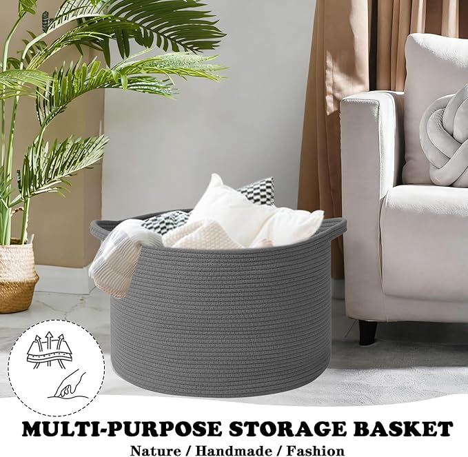 Large Blanket Basket for Organizing,65L Closet Organizers and Storage Bins Box for Shelves Woven Rope Storage Baskets,Living Room,Bedroom,Dorm,Laundry room (Dark Grey)