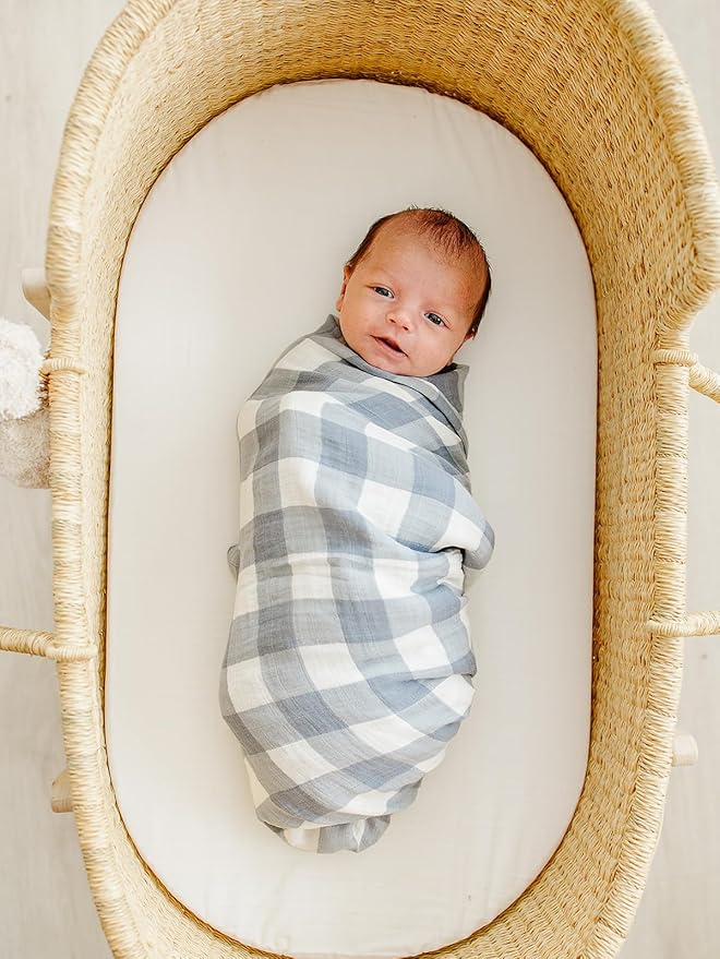 Mebie Baby Dusty Blue Gingham Muslin Swaddle, Modern and Neutral Swaddle Blanket for Baby Girl or Boy, Soft Baby Blankets, 0-3 Month, Comfy Wrap, Baby Essentials & Gifts