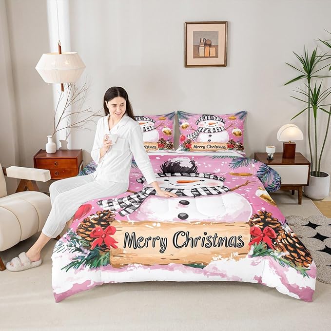 Feelyou Merry Christmas Bedding Set Soft for Boys Girls, Cute Snowman Comforter Set Twin Size Snowflake Duvet Quilt Microfiber Winter Bedroom Decor 2 Pcs with 1 Pillow Cases