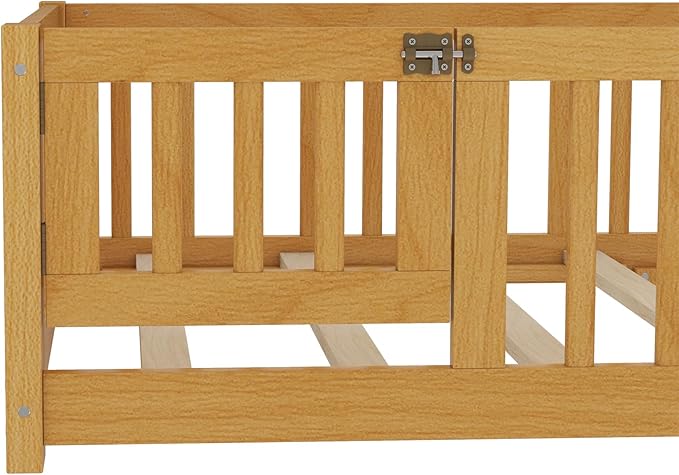 Bellemave Twin Size Floor Bed with Rails for Kids, Girls, Boys, Pine,Plywood Floor Bed with slats and Door, Natural