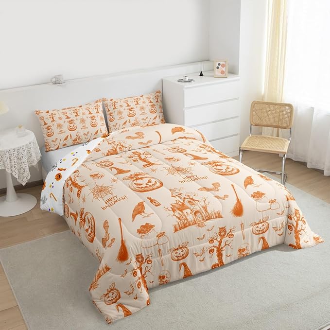 Erosebridal Halloween Bedding Set Orange Pumpkin Bat Comforter Set Toddler Size,Vintage Halloween Decor Quilt for Kids Boys Girls Adults Happy Festival Themed Duvet Insert
