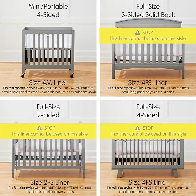 Upgraded Mini Crib Breathable Mesh Liner, Standard Length, More Straps for Fixing Liner, Protects Legs and Arms, 3mm Breathable Mesh, Only Fits 38" x 24" Mini Crib