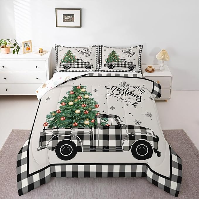 Christmas Truck Kids Comforter Set King Size,Snowflake Pines Trees Rustic Bedding,Girls Boys Adults Bedroom/Xmas Cabin Decor,Geometric Grids Lattice Down Comforter,Retro Duvet Insert,2 Pillowcases