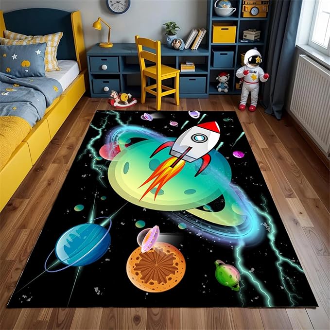 Outer Space Kids Area Rug,3x5ft,Kids Playroom Crawling Mat, Machine Washable, Non-Slip Carpet with Cartoon Planets and Rocket Design, Suitable for Boys' Bedroom, Class, Nursery Decorative Rug