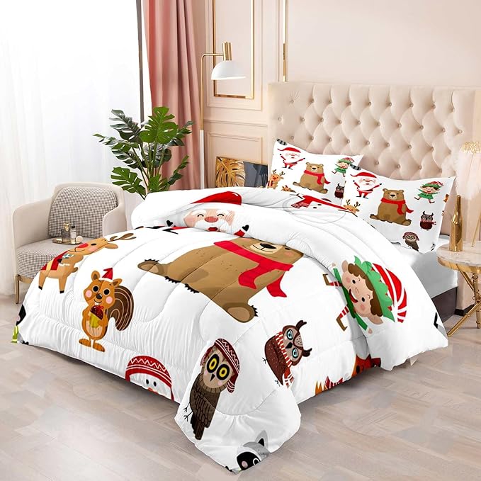 LUVIVIHOME 2PCS Merry Christmas Comforter Set Twin Size, Boys Girls Kids Bedding, White Quilt, Funny Cute Cartoon Santa Claus Elf Owl Elk Reindeer Squirrel Xmas Christmas Bedroom Decor, 1 Pillow Sham