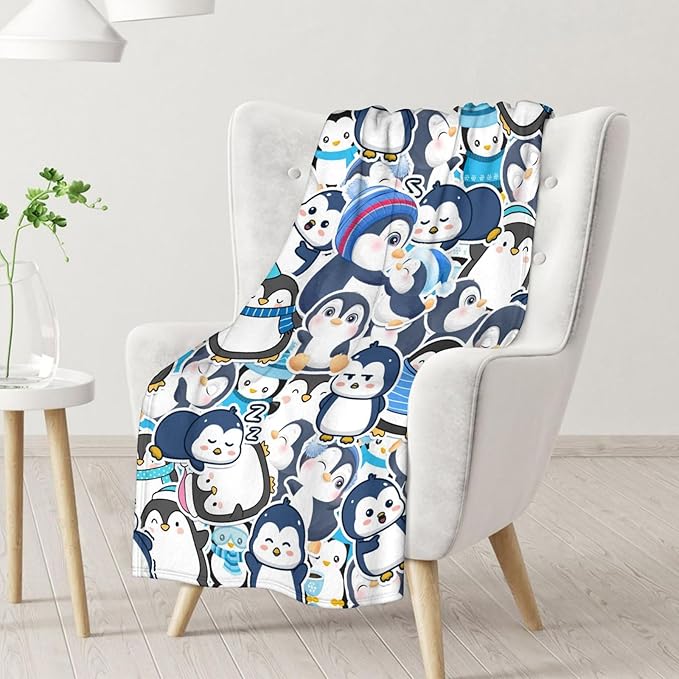 Penguin Gifts for Kids - 30" x 40" Inches Cute Penguin Throw Blankets for Girls - Blue Soft Furry Blankets for Sofa, Lap & Office