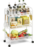 TOOLF 3-Tier Metal Rolling Cart, Mesh Wire Easy Assemble Utility Cart, Storage Trolley on Wheels with 3 Hooks, MetalStorage Shelving Units for Kitchen Bathroom Laundry Room