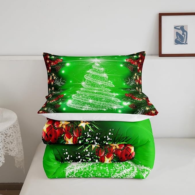 Feelyou Kids Merry Christmas Decorations Comforter Set, Kids Santa Tree Bedding Set Toddler Size for Boys Girls Teens Xmas Christmas Bell Decor Comforter Glitter Green Quilt Set