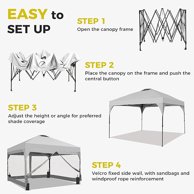 GDY 12x12FT Pop Up Canopy Tent with One Push Setup, Easy Setup Gazebo with 4 PVC Transparent Sidewalls for Events, Parties, Camping, White.