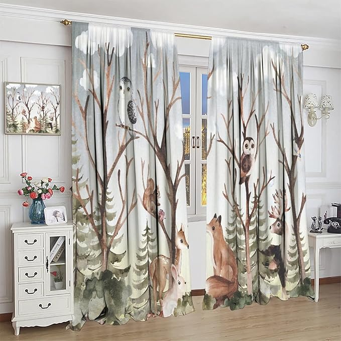 Forest Curtains, Cartoon Woodland Animals Tree Birds Moose Rabbit Mushroom Print Pattern Kids Bedroom Window Treatments Curtains 42x63in, Style-8