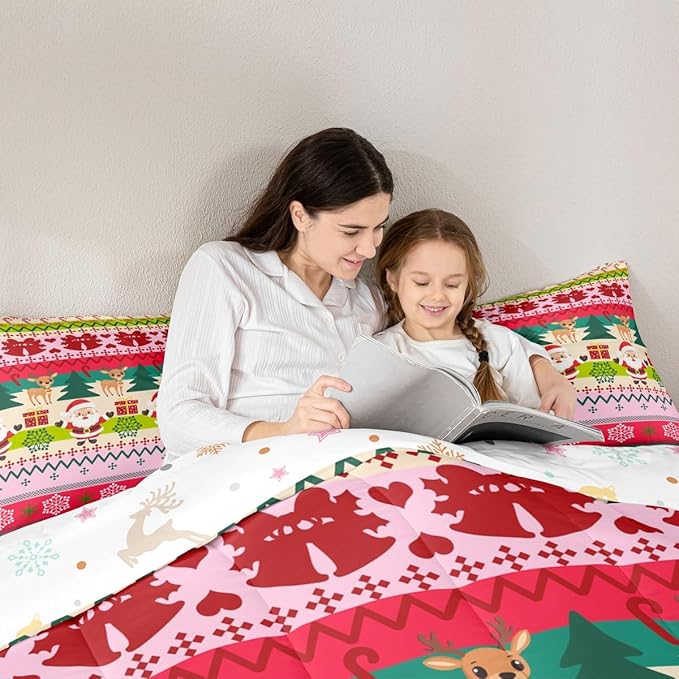 Feelyou Merry Christmas Comforter Set Queen Size Santa Claus Bedding Set for Kids Boys Girls Cute Deer Duvet Quilt Snowflake Bedroom Decor Microfiber 3 Pcs with 2 Pillow Cases