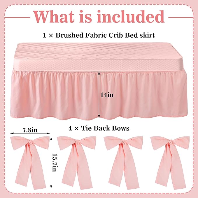 Pink Crib Bed Skirts with 4 Large Cot Bow 28" x 52" Baby Crib Skirt for Boys Girls Nursery Toddler Bedskirt Dust Ruffle 14" Drop