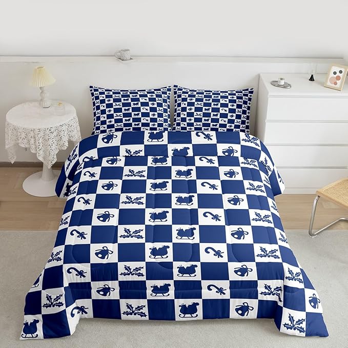 Feelyou Christmas Comforter Set All Season Checkered Pattern Bedding Set with 2 Pillow Cases Holiday Theme Kids Queen Bedclothes Xmas Decor Room Decor Blue Duvet Quilt Breathable Soft Lightweight