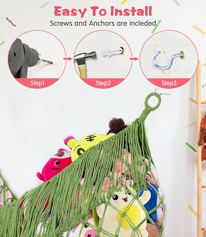 Stuffed Animal Hammock - Extra Large 56'' Long, Stuffed Animal Storage, stuffed animal Holder net, Toy Hammock Large, Toy Storage Hanging Organizer - Avocado green