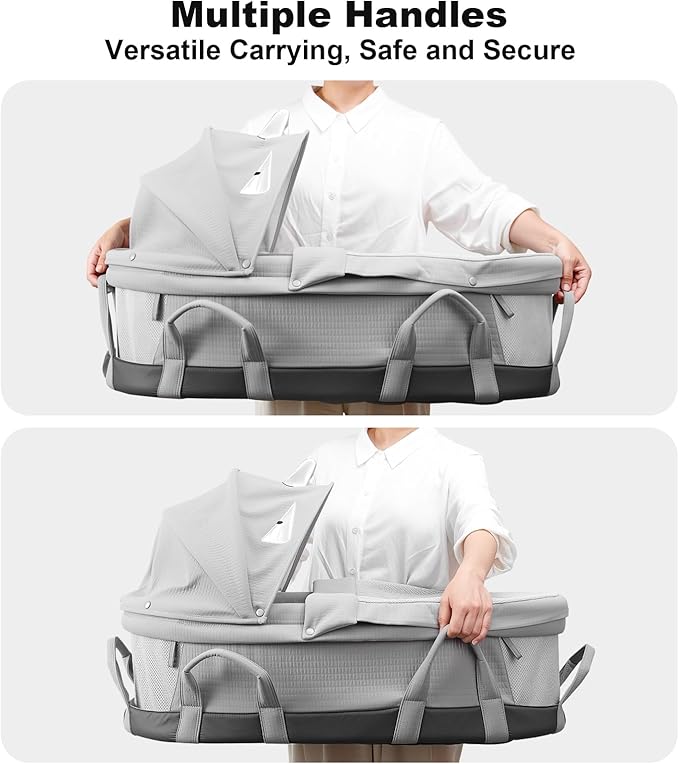 SUNVENO Handheld Portable Baby Bassinet with Removable Canopy, Foldable Travel Cradle, 6 Carry Handles, Breathable Mesh & Water-Resistant Base, Newborn Indoor/Outdoor Travel Bed