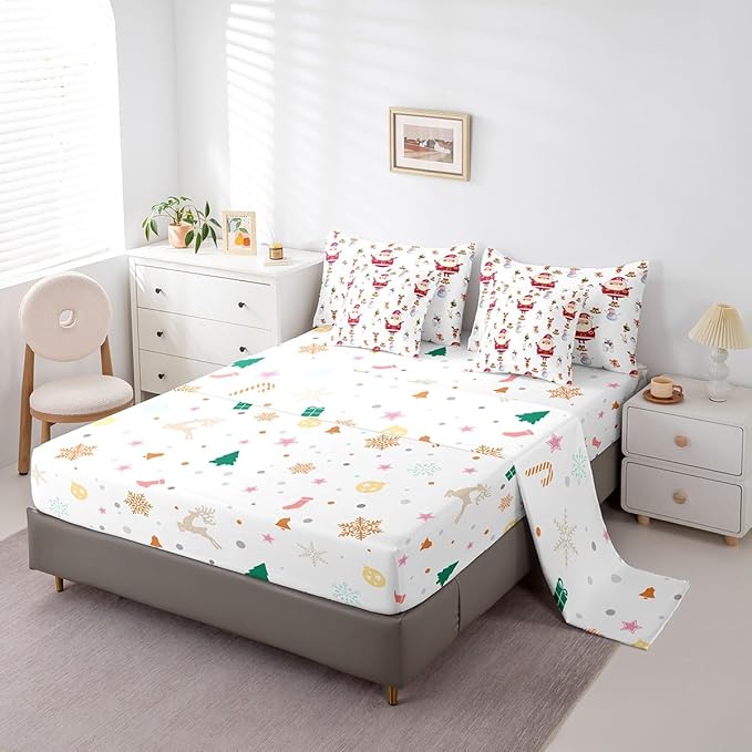Feelyou Christmas Bed Set Cute Snowman Santa Claus Kids Decorations Bed in a Bag Boys Girls Bear Rabbit Comforter Set with Sheets Christmas Bells Design White Bedding Set Bedding Queen Size