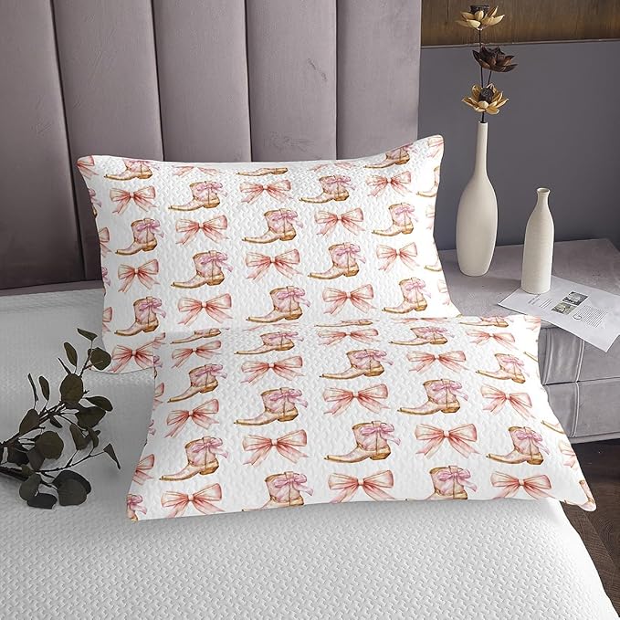 Western Cowgirl Bedspread Queen Size,Pink Bowknot Cowgirl Boots Rustic Farmhouse Coverlet Set,Girls Women Room Decor,Bow Tie Geometric Patchwork Quilted Coverlet,Golden Bedding Quilt,2 Pillowcases