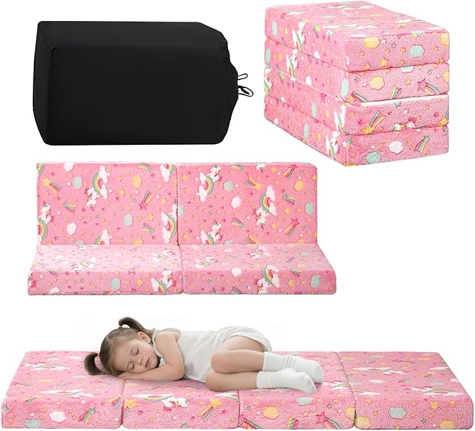 MeMoreCool Foldable Floor Mattress for Kids, Glow Toddler Nap Mat for Sleeping and Daycare, Portable Trifold Futon Mattress Floor Bed, Unicorn