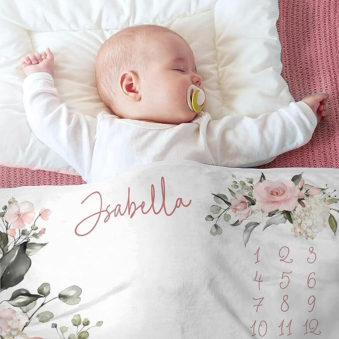 OLIVE OLIVIA Personalized Monthly Baby Milestone Blanket, Baby Months Blanket, Perfect Custom Newborn Gifts,30"x40"