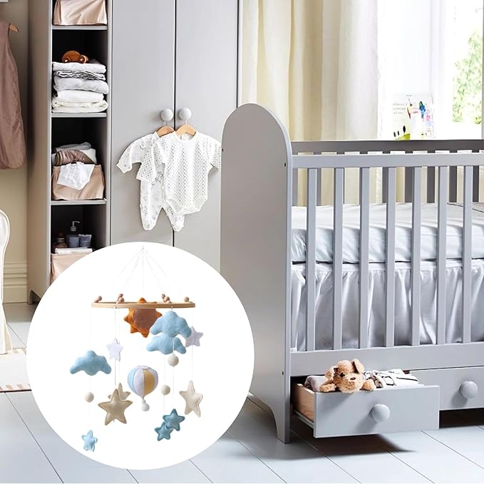 Soft Crib Mobile, Sun Hot Air Balloon Design with Felt Decorations, Ideal for Baby Nursery with Cloud and Star Hanging Toys
