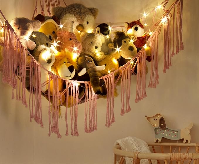 Stuffed Animal Hammock Corner Net with LED Light - Toy Storage Holder - Pink Cute Room Bedroom Decor for Teen Girls - Cute Bedroom Aesthetic Stuff for Baby Nursery Toddler Kids 8-10 - 12 Years Old