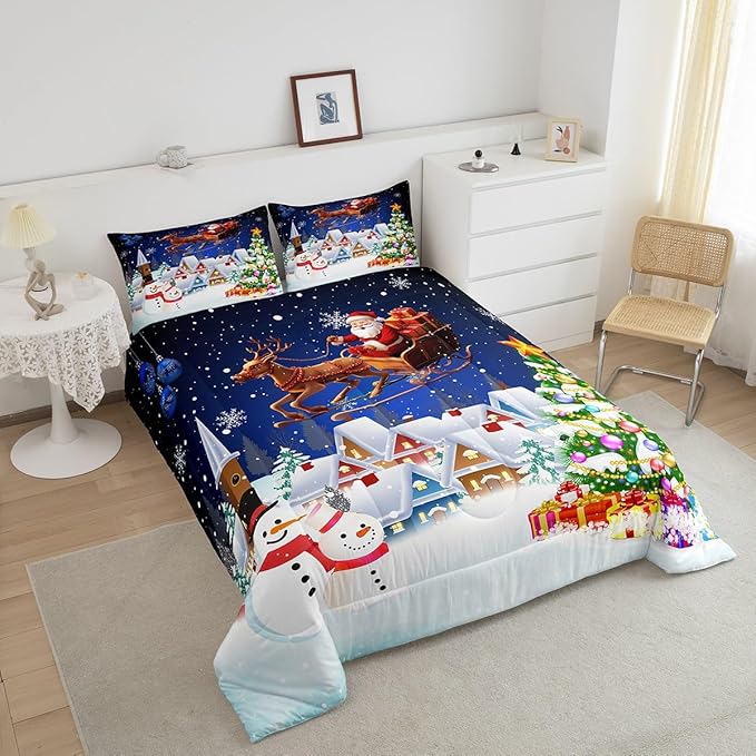Manfei Christmas Bedding Set Twin Size Snowman Christmas Tree Print Comforter Set Santa Claus with Reindeer Quilt Set 2pcs for Kids Boys Girls Room Decor New Year Theme Duvet Set with 1 Pillowcase