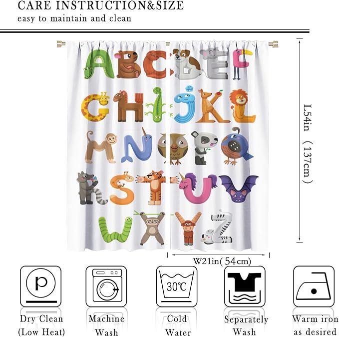 Kids Alphabet Curtains Cartoon Animal Baby Children Funny Learning Educational Curtain with Rod Pocket for Bedroom Nursery Decor Drapes Window Treatments 2 Panels Set 42x54 Inch