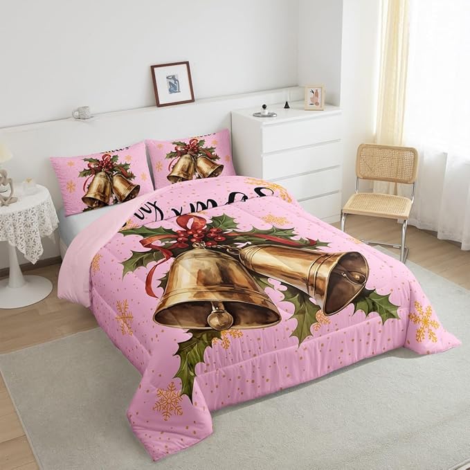 Erosebridal Merry Xmas Full Kids Comforter Sets Christmas Bell Bedding Sets for Girls Happy New Year Theme Down Comforter for Boys Teens Snowflake Quilt Set,Pink