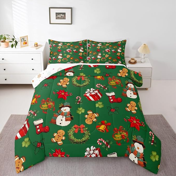 jejeloiu Merry Christmas Comforter Set Toddler Size Cute Snowman Bedding Set for Kids Boys Girls Gingerbread Man Duvet Quilt Green Bedroom Decor