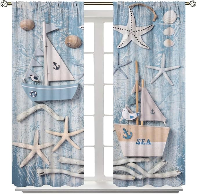 Nautical Curtain,Navy Anchor Sailing Map Starfish Seashells Bedroom Curtain,Waterproof Washable Fabric for Bedroom Decor Set 2 Panels,63x72 Inches