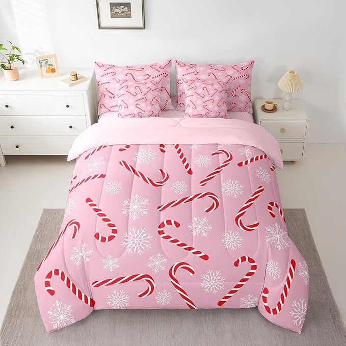 Erosebridal Xmas Candy Cane King Bedding Set 7 Piece,Merry Christmas Bed in A Bag for Kids Boys Girls,White Snowflake Comforter Set Pink Christmas Ornaments Sheet Set with Comforter